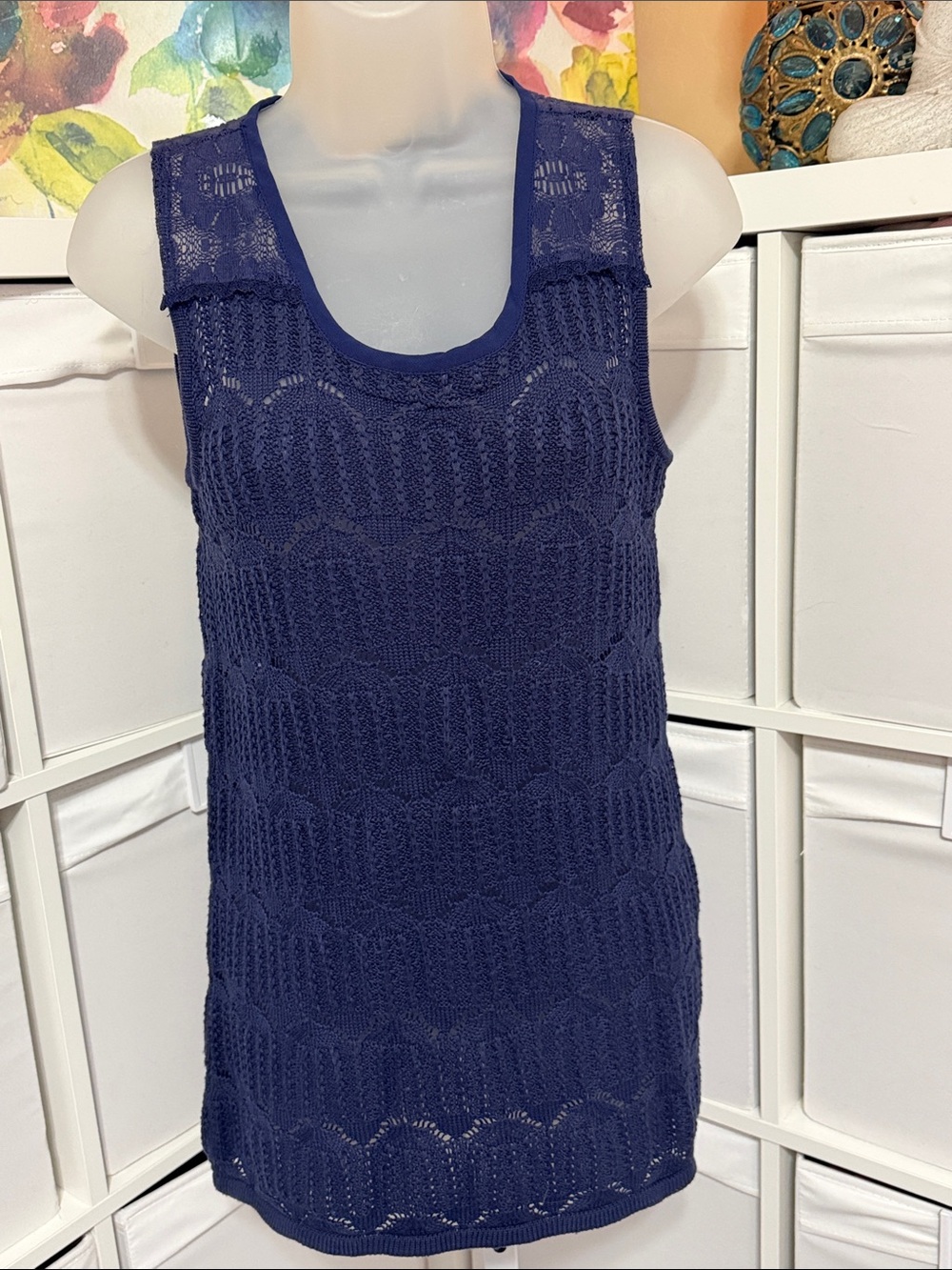 Women's Navy Crochet Knit Tank